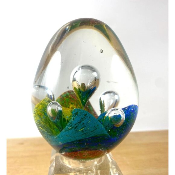 Handcrafted Art Glass Egg Paperweight With Vibrant Swirls & Bubbles - Picture 3 of 7